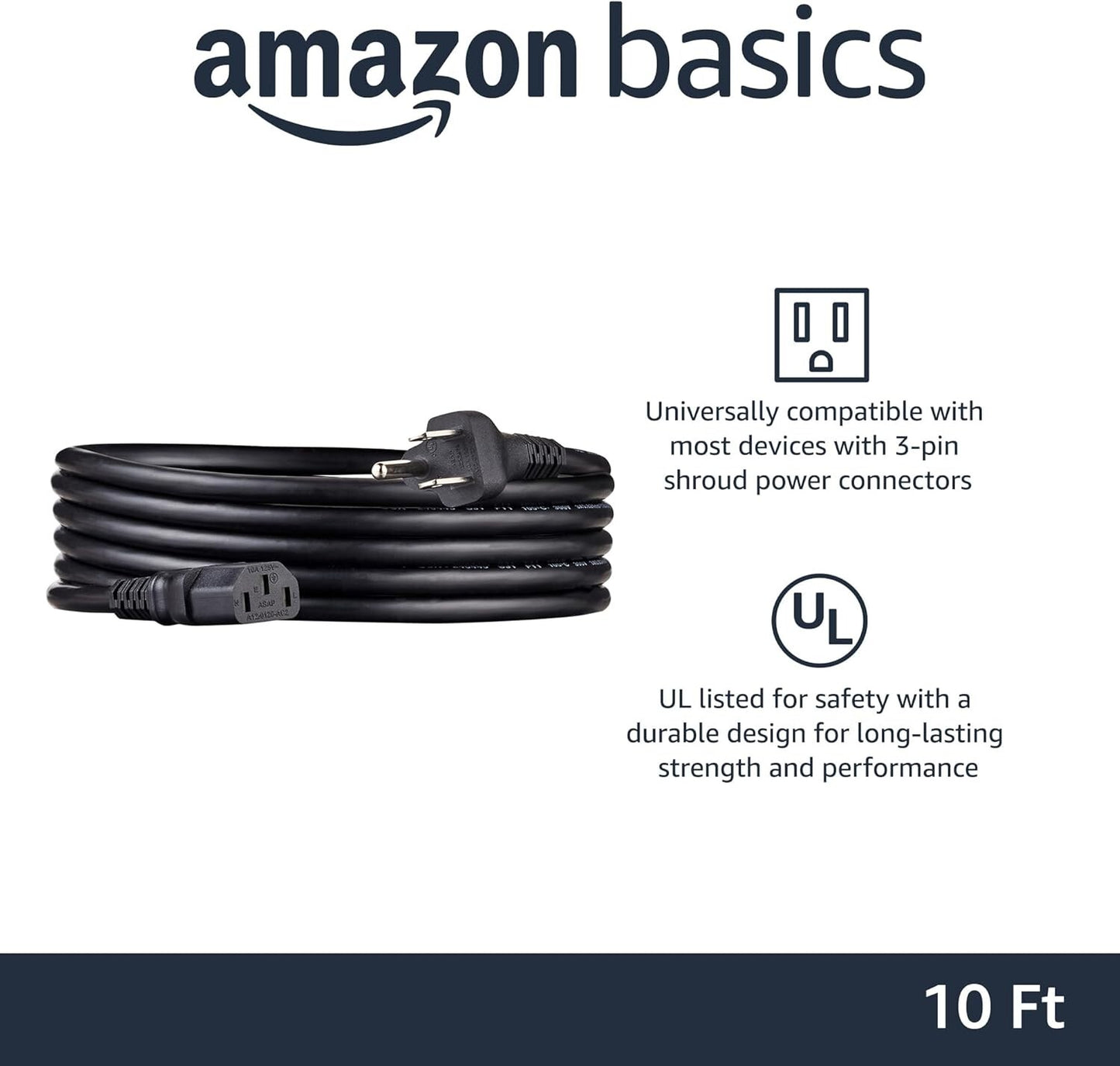 Amazon Basics Computer Monitor TV Replacement Power Cord 10 Black