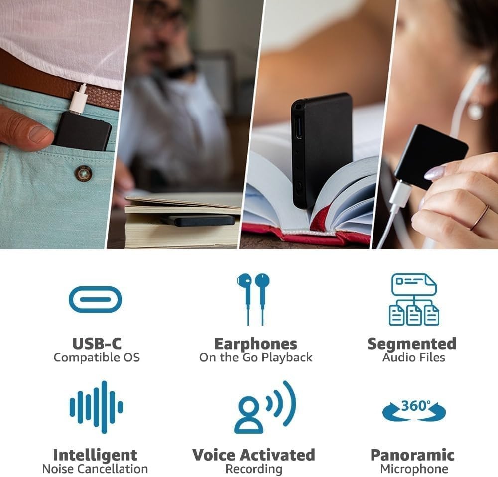 TileREC Slim Voice Recorder – 64GB, Voice Activation, Long Battery, Playback