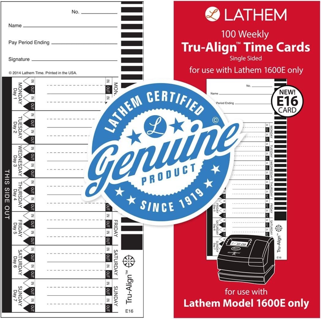 E16 1600E Lathem TruAlign Time Cards Weekly 1Sided White