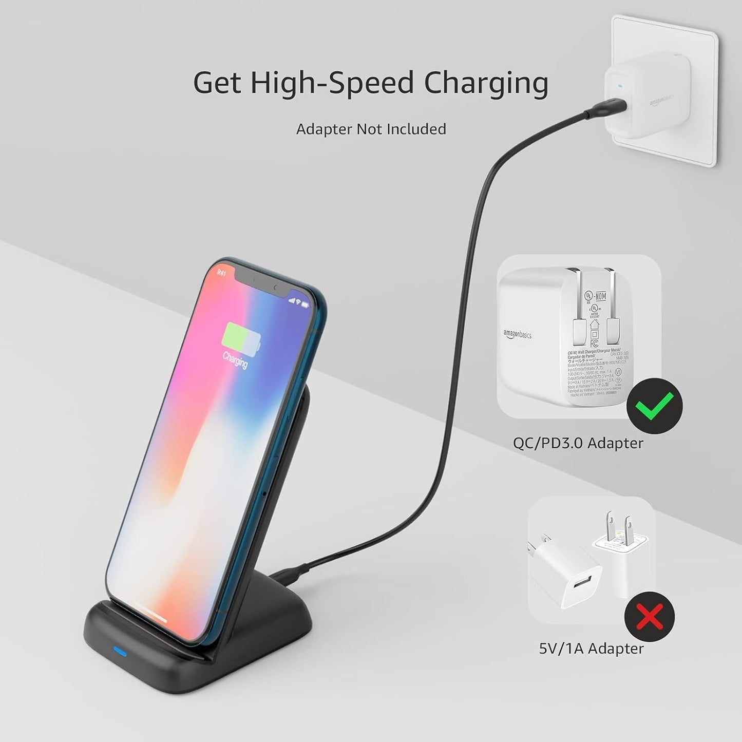 10W Amazon Basics Qi Certified Wireless Charging Stand iPhone 15/14/13/12/11/X