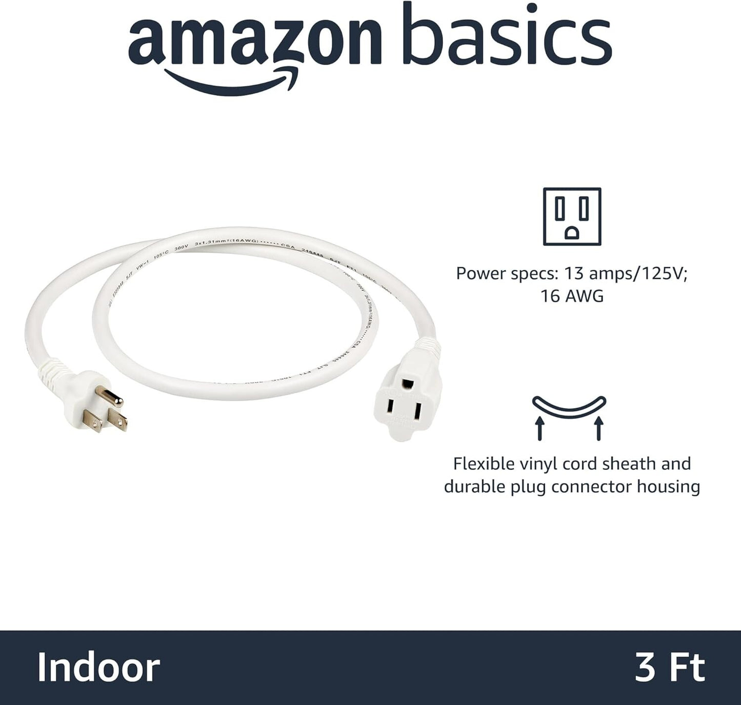 125V Amazon Basics Power Extension Cord 3 Feet 13 Amps White
