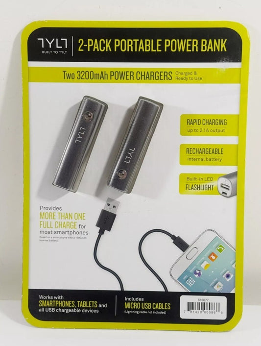 TYLT USB 2 Pack Portable Power Bank 3200mAh Chargers Cables