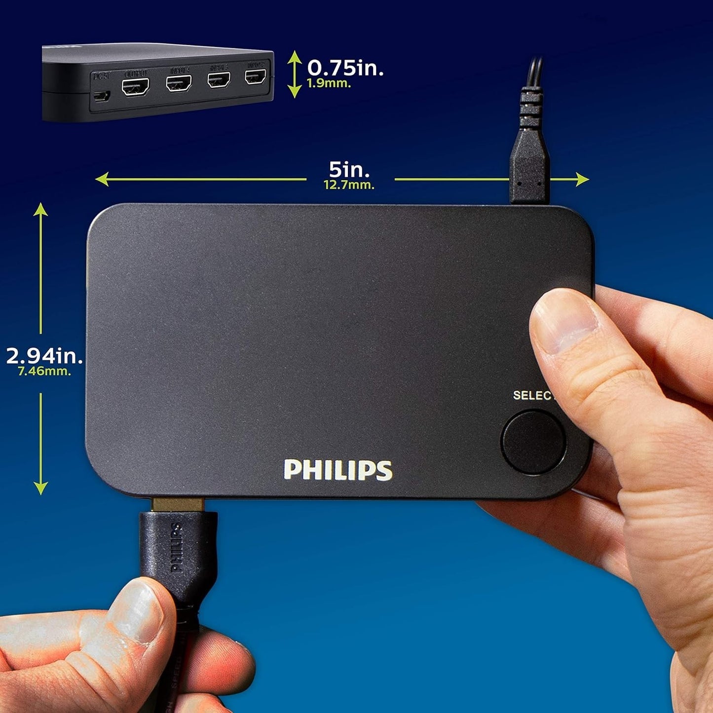 Philips 4K HDMI Switch 4-Port w/ Remote for TV, Roku, Xbox, PS4, Fire Stick