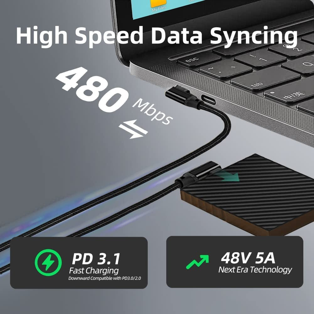 240W USB C to USB C Cable, PD 3.1, 5A Fast Charging, Dual Right Angle, 6.6FT