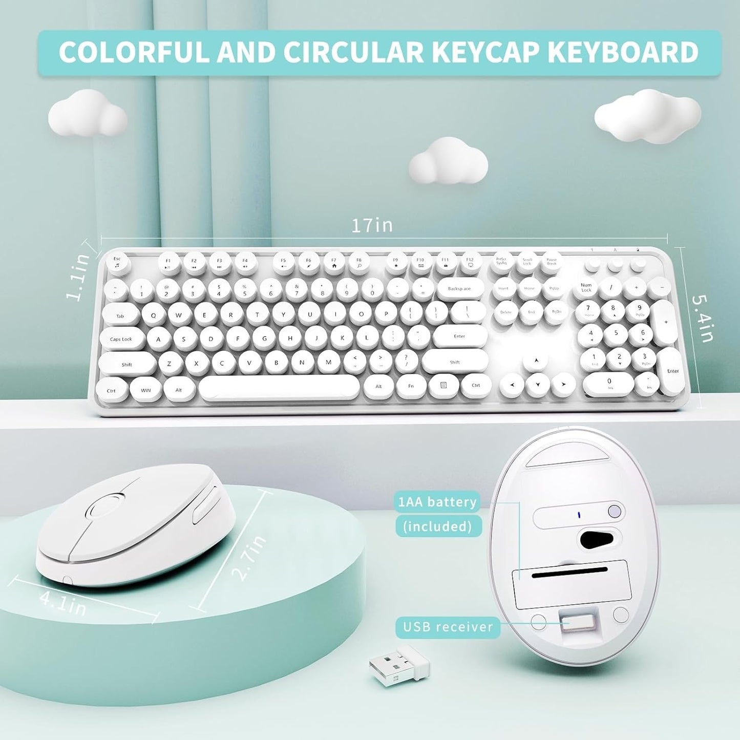 Wireless Retro Round Keycaps Keyboard & Mouse Combo Full‑Size White