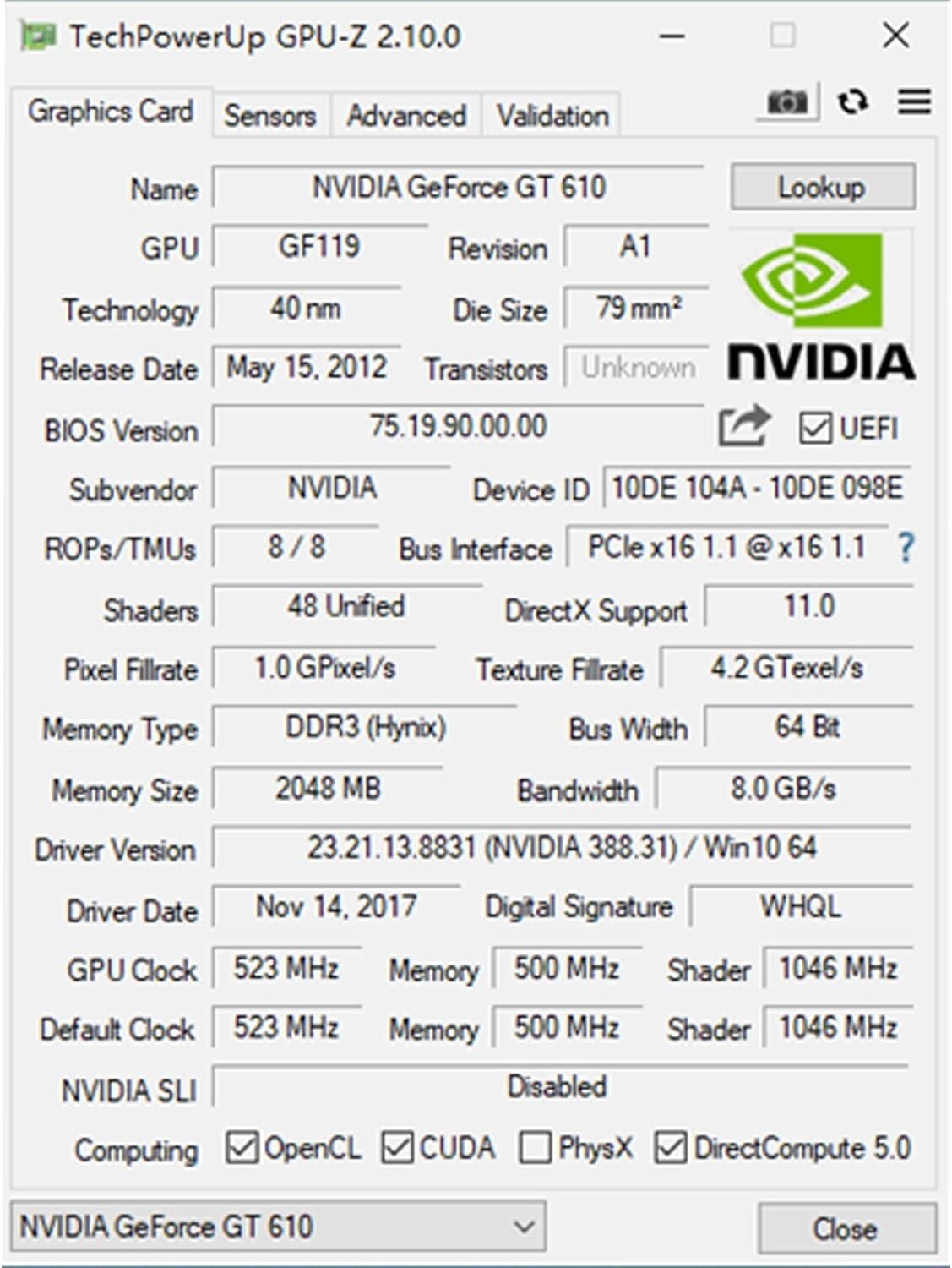 Glorto GeForce GT 610 2G DDR3 Low Profile Graphics Card, PCI Express 1.1 x16, HD