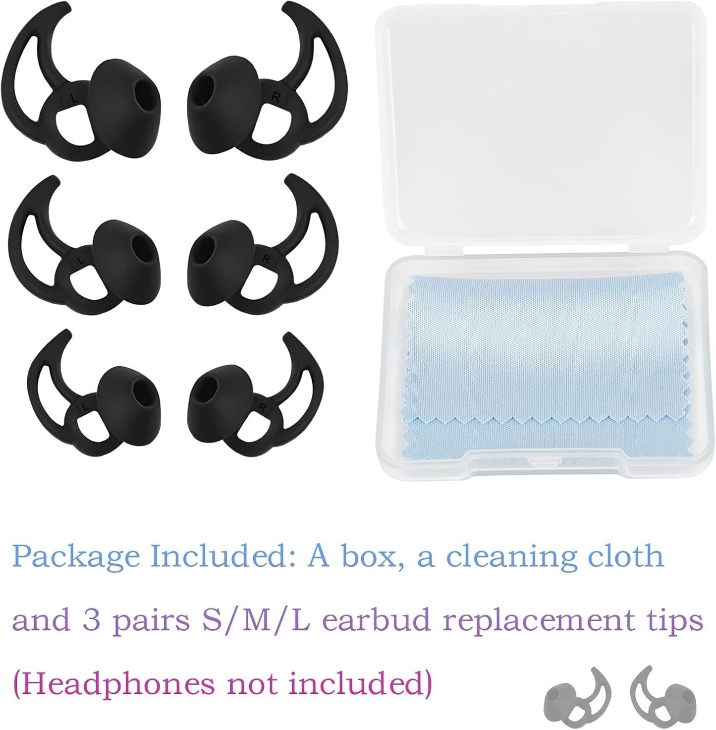 3 Pairs Ear Tips for Bose QuietComfort/Sport Earbuds – S/M/L Silicone Black