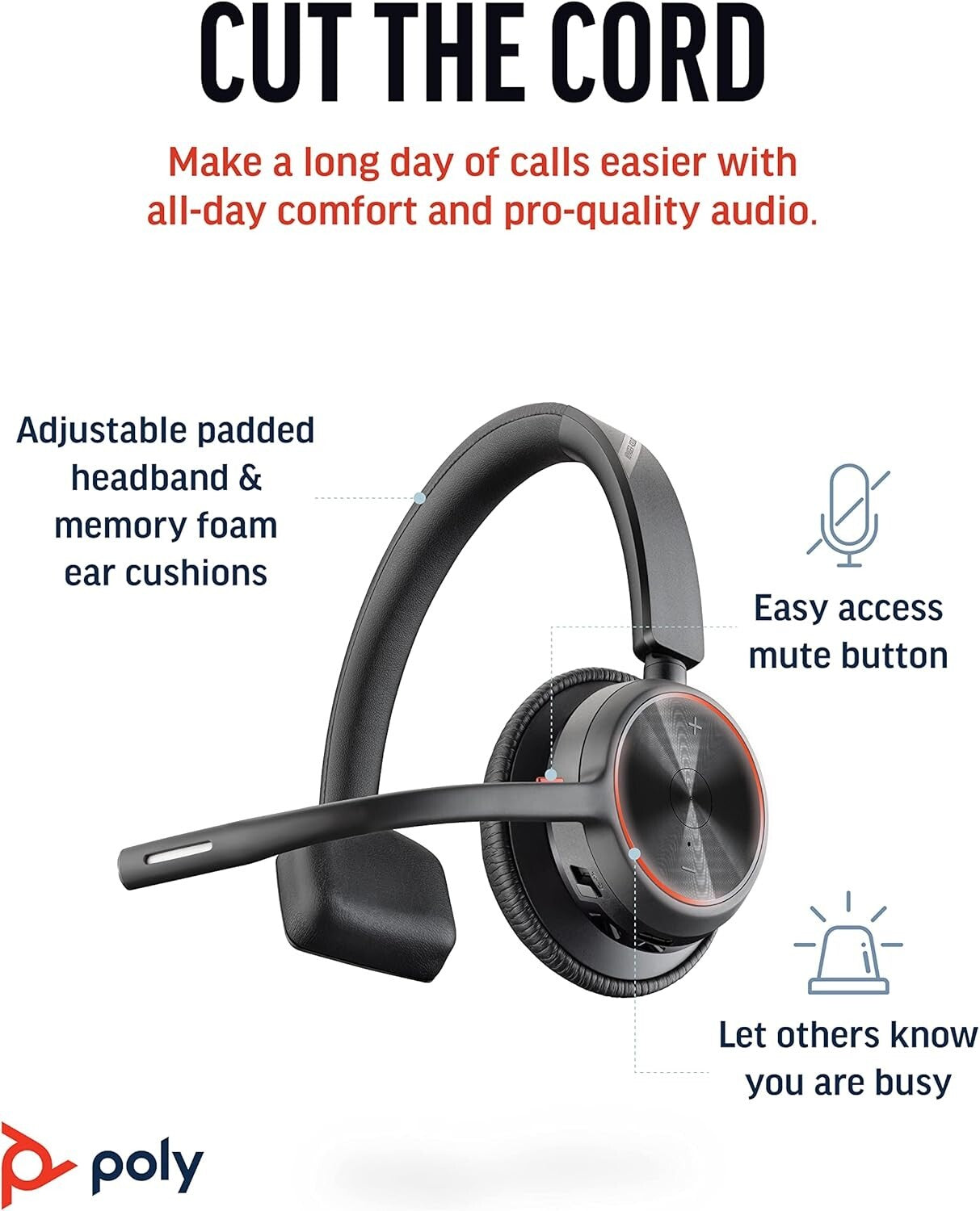 4310UC Poly Voyager Wireless Bluetooth Headset Plantronics SingleEar Boom Mic