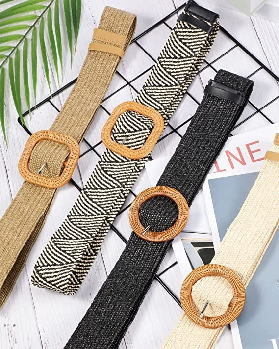 4 Pack Straw Woven Elastic Stretch Waist Belt Women Skinny Dress Belt Wooden Buc
