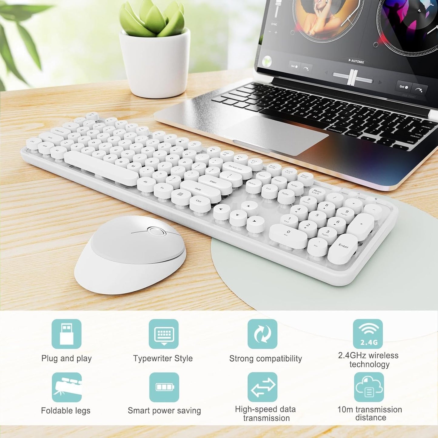 Wireless Retro Round Keycaps Keyboard & Mouse Combo Full‑Size White