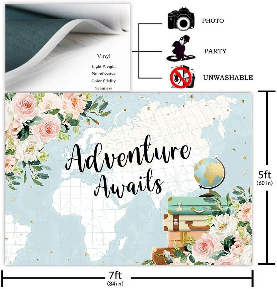 Adventure Baby Shower Backdrop7x5ft World Map Party Banner Photobooth Background