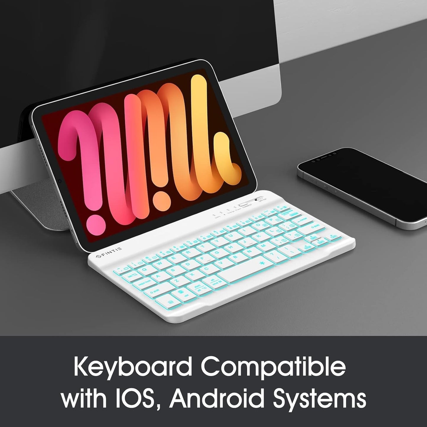 Fintie 8" Bluetooth Keyboard – 7-Color Backlit, Slim, iOS/Android, White