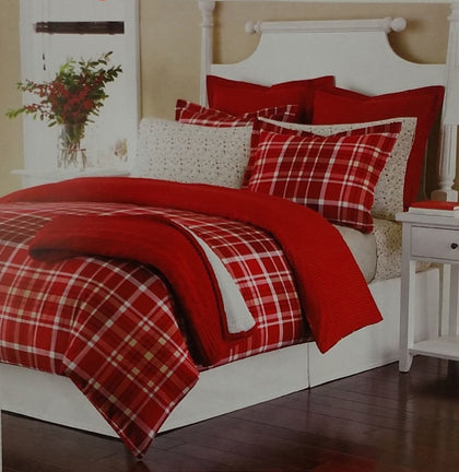 TWIN Martha Stewart Collection Winter Tartan Red Flannel Comforter Cover