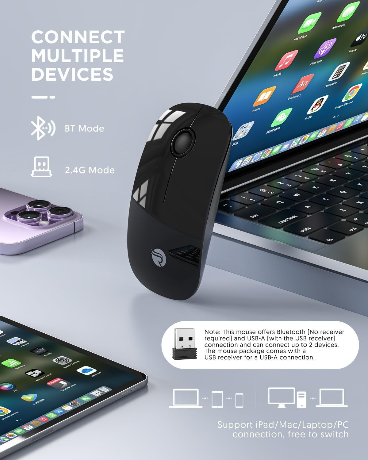 Bluetooth Wireless Mouse – Dual Mode (BT5.1 + USB) Quiet Click, 1600 DPI – Black