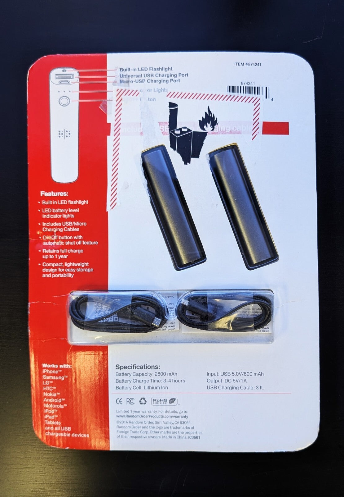 USB NEW Random order 2 Pack Portable Power Bank 2800mAh Chargers Cables