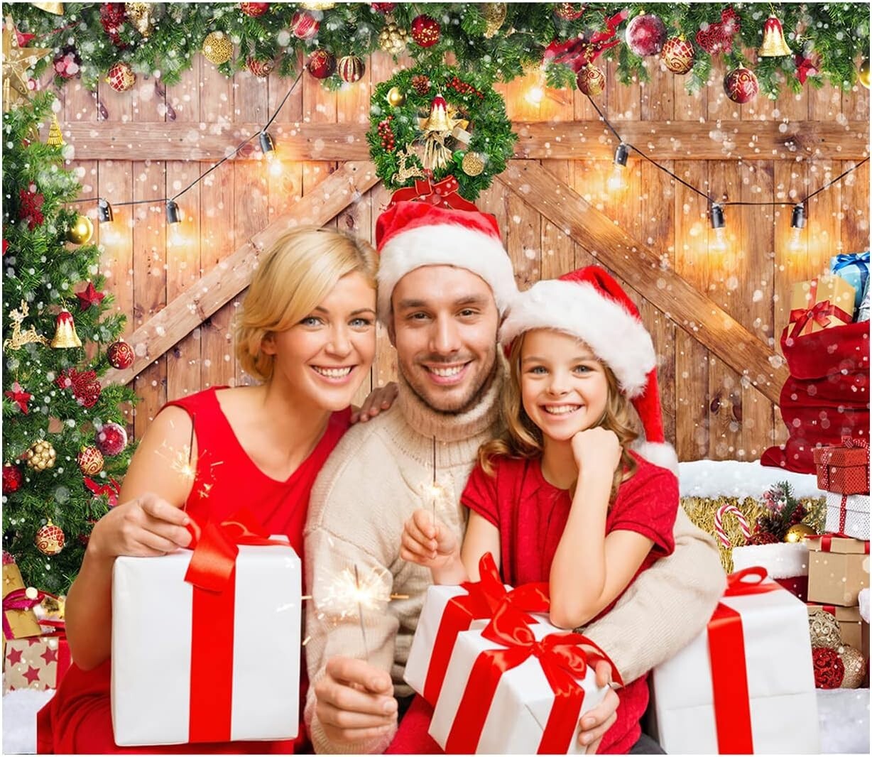 Rustic Christmas Barn Wood Door Backdrop Xmas Tree Snow Photography 10 x 8 FT