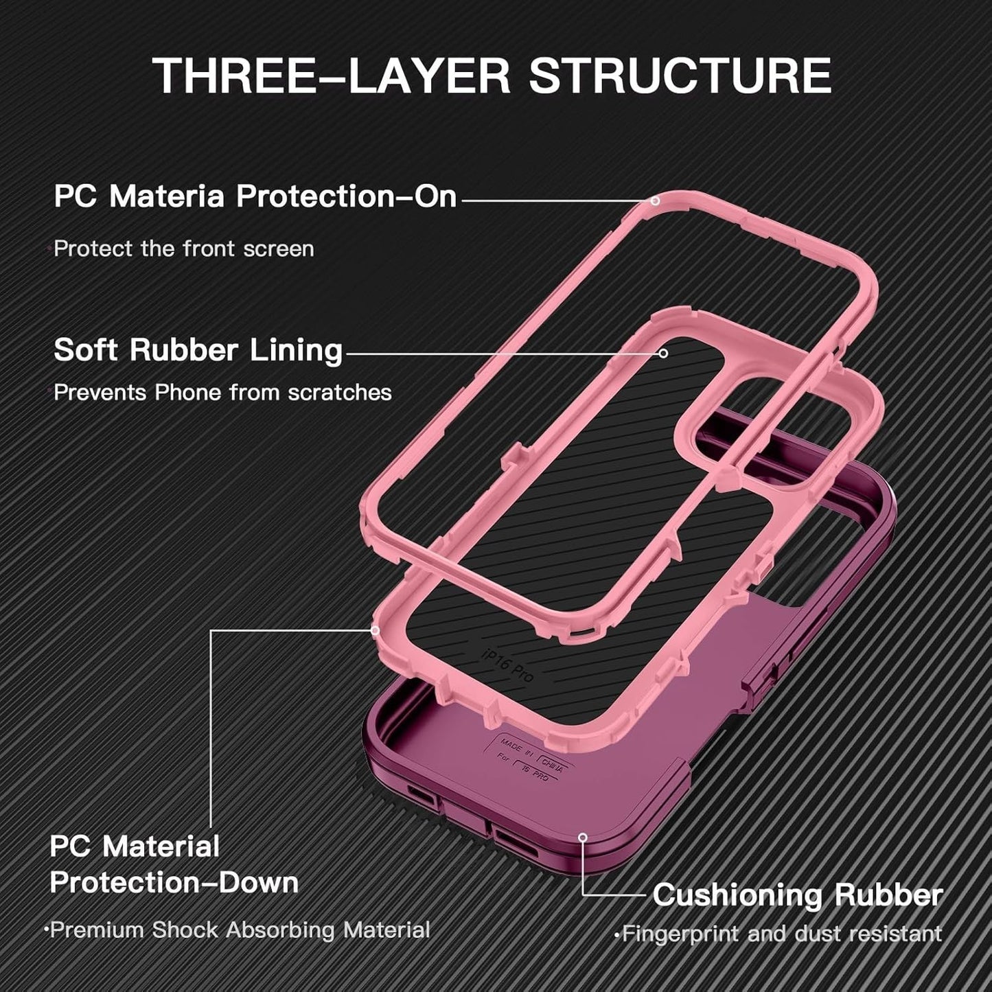 iPhone 16 Pro Tough Case Drop/Dust Proof 3-Layer Rugged Cover (No Screen) Purple
