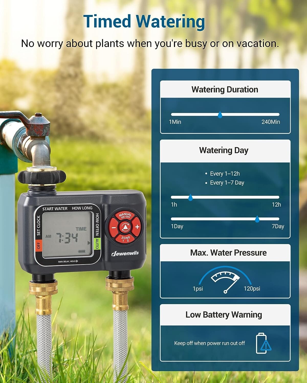 DEWENWILS Sprinkler Timer 2 Zone Water Hose Timer Rain DelayManual Wateri