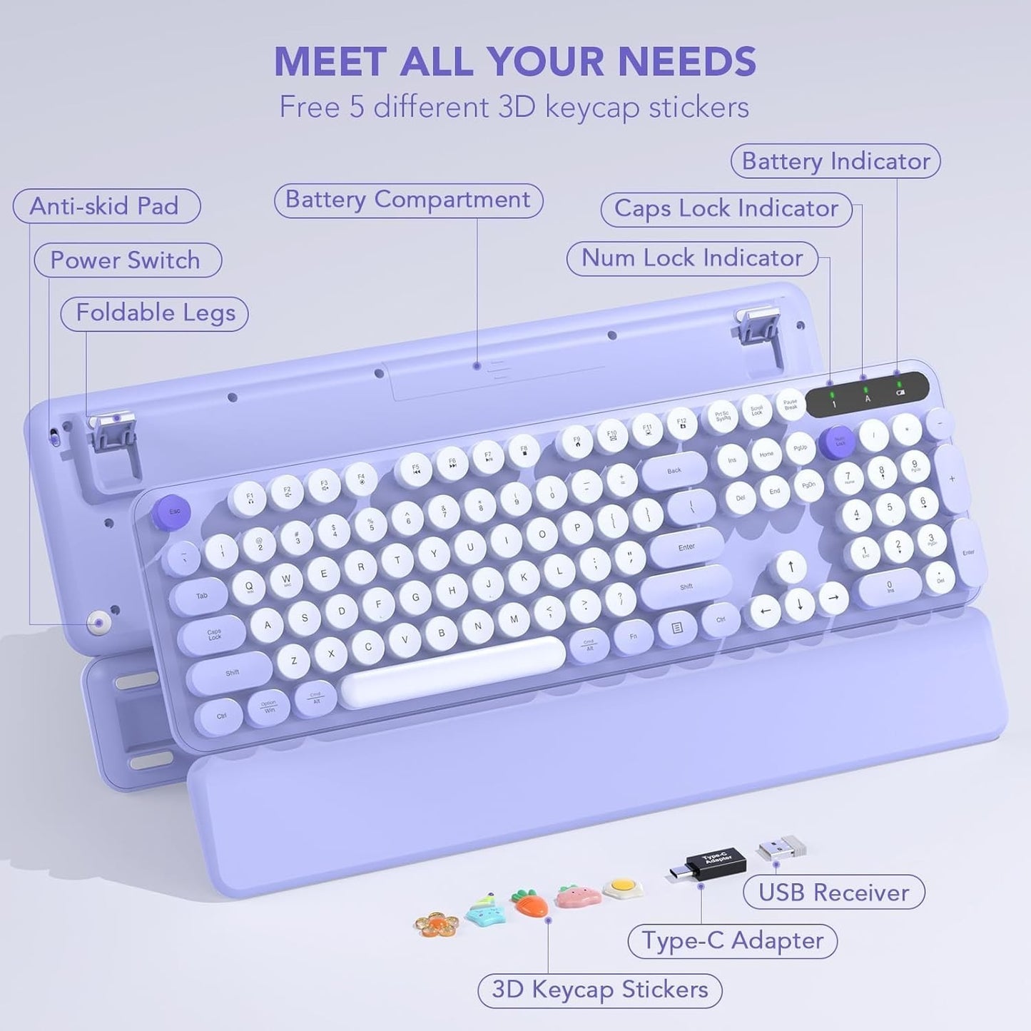 Wireless Retro Typewriter Keyboard Round Keycaps Detachable Wrist Rest Purple