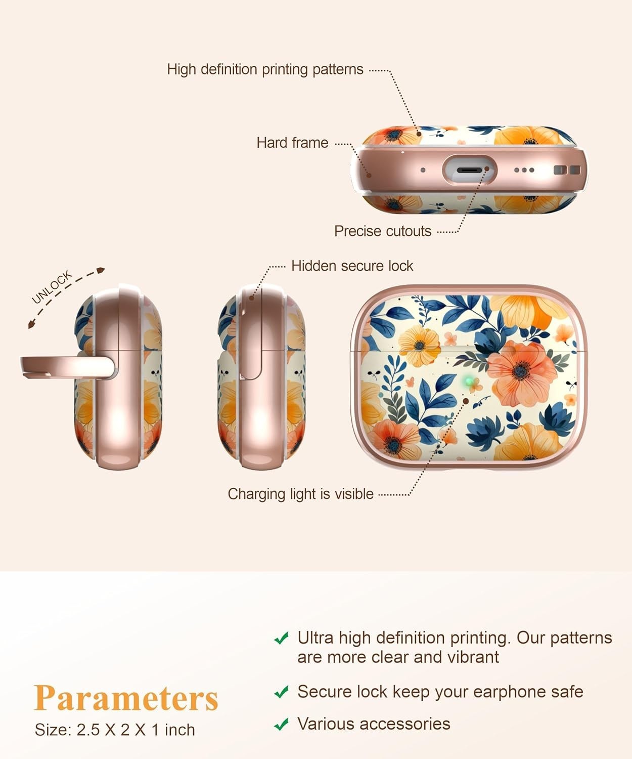 TATOFY AirPods Pro 1 & 2 Case with Lock – Floral Hard Cover + Cleaner Kit