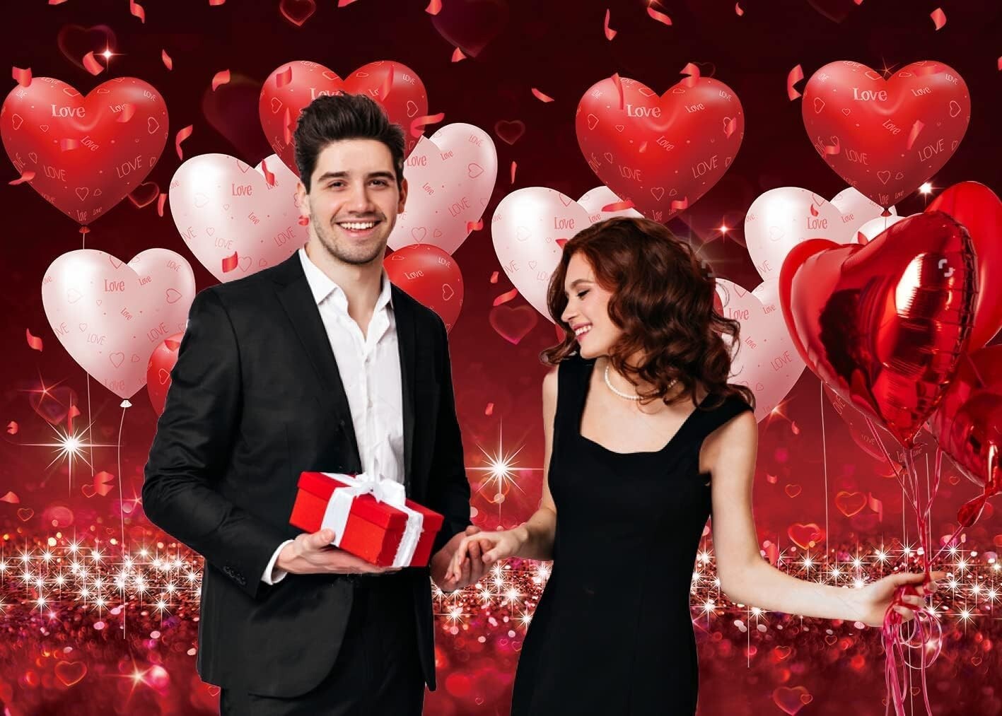 Red Pink Hearts Balloons Backdrop Valentines Day Glitter Romantic Couple Photog