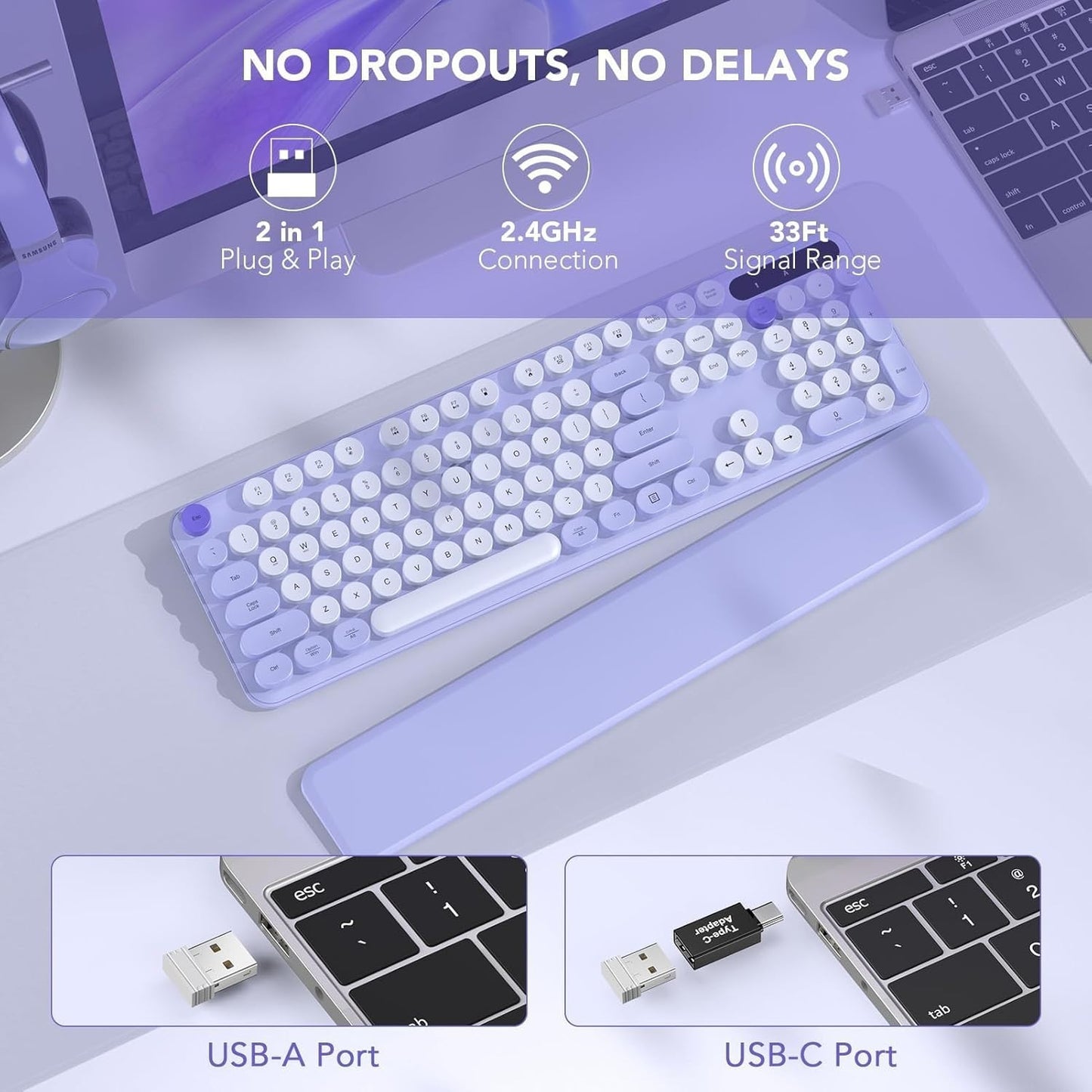 Wireless Retro Typewriter Keyboard Round Keycaps Detachable Wrist Rest Purple