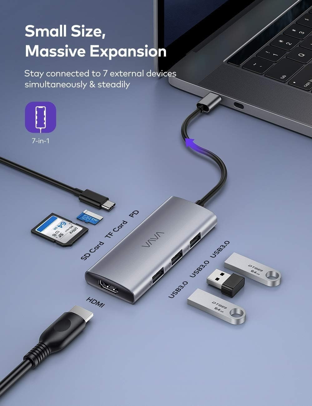VAVA 7-in-1 USB-C Hub Adapter for MacBook Pro/Air – HDMI, 3 USB, SD/TF, 100W