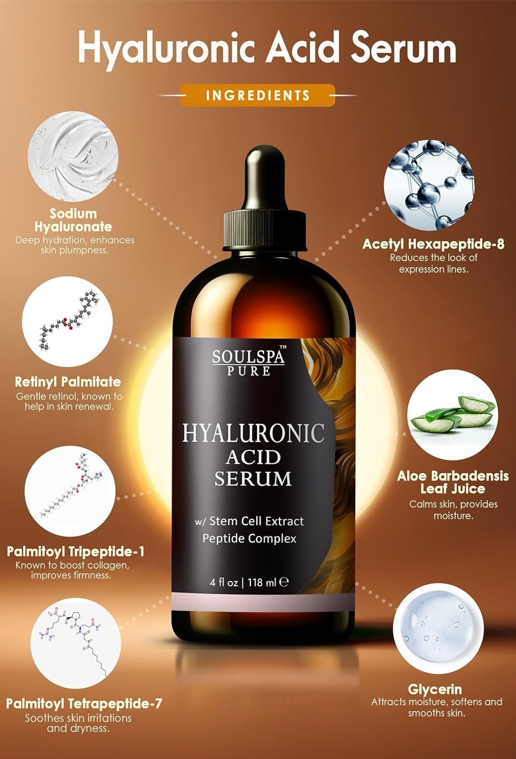 SOULSPA PURE Hyaluronic Acid Serum w/ Peptides– Hydrating Facial Serum – 4 fl oz