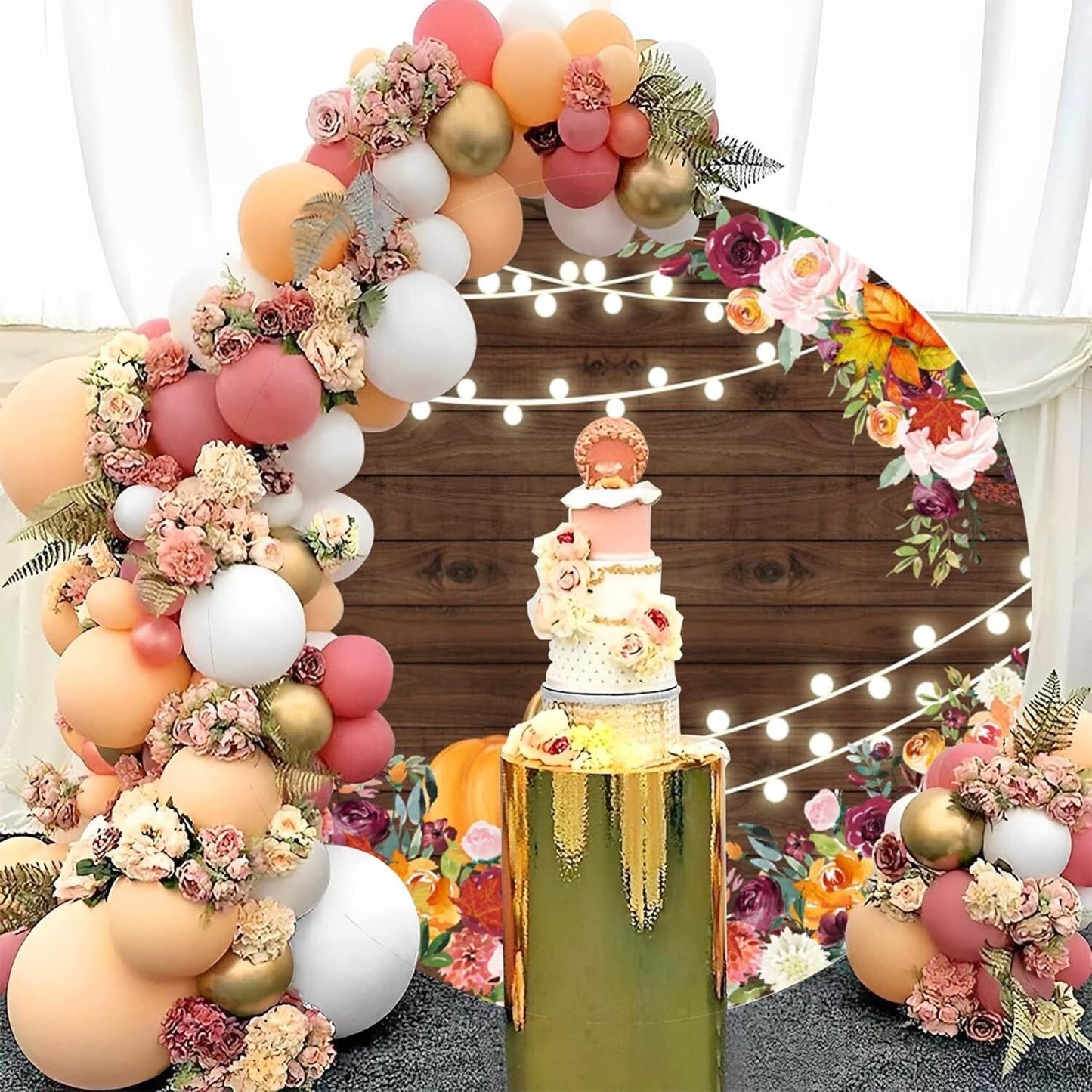 YongFoto 6x6ft Thanksgiving Day Round Backdrop Cover Floral Orange Pumpkin Rusti