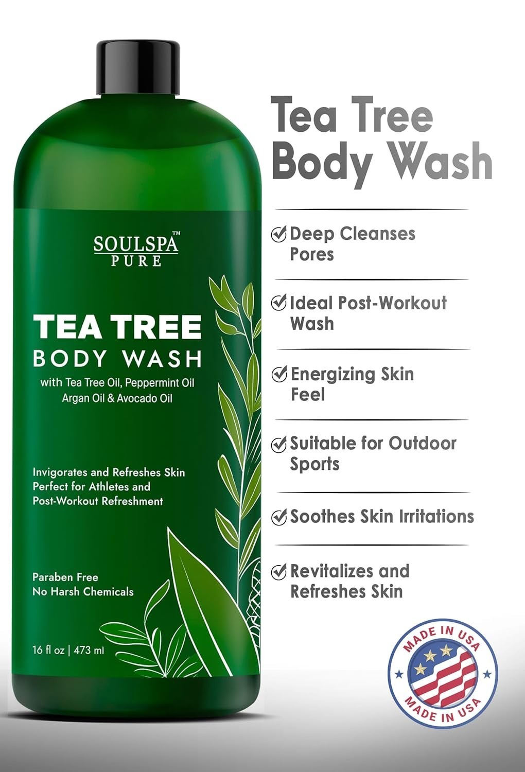 SOULSPA PURE Tea Tree Body Wash 2-Pack– 16oz Each, Peppermint Odor & Itch Relief