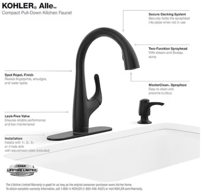 R26698-SD-BL Kohler Alle C PullDown Kitchen Faucet Black