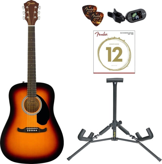 Fender FA-125 Dreadnought Pack – Sunburst Guitar + Stand, Tuner, Picks, Strings