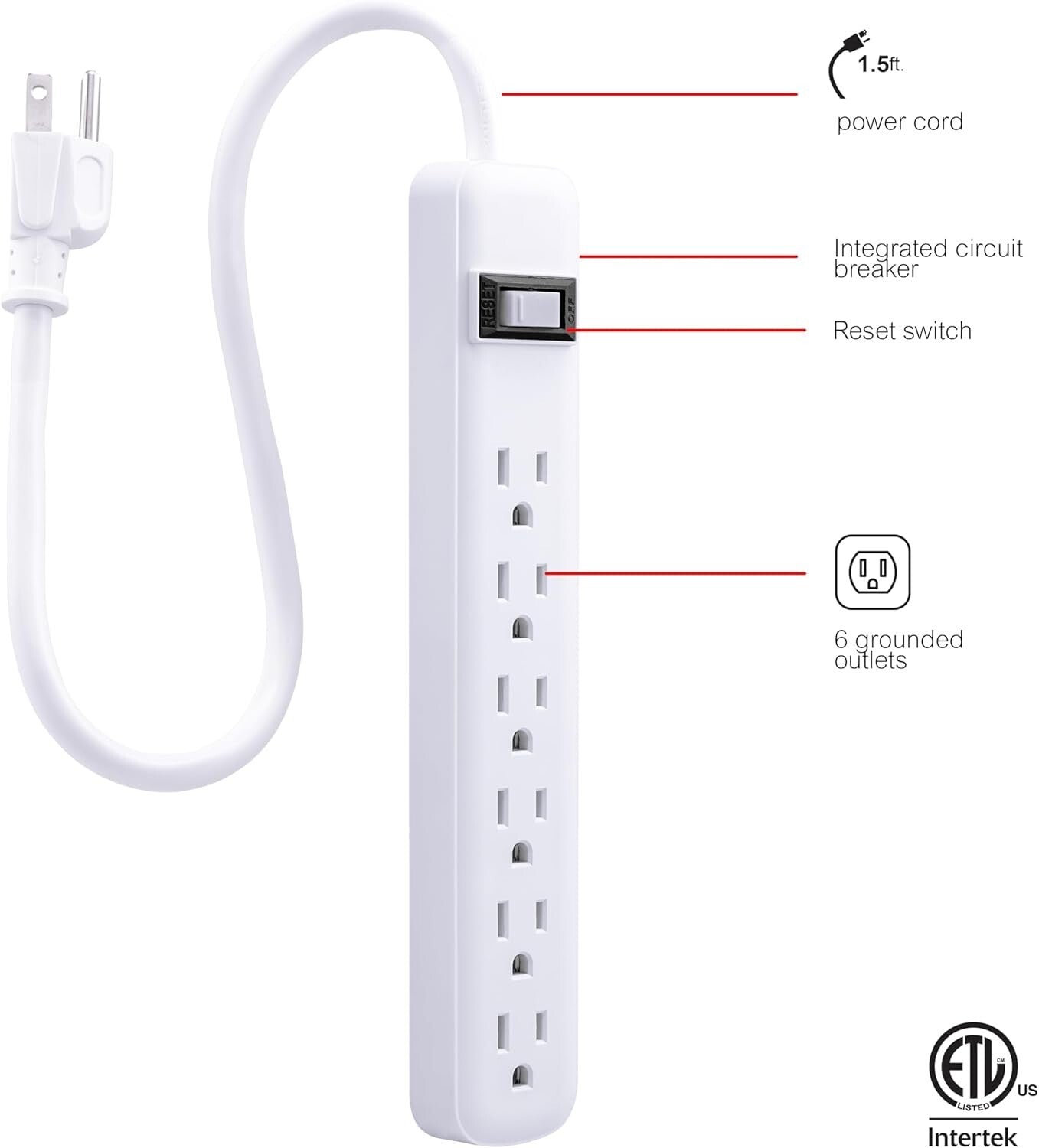 WHITE GE 6Outlet Power Strip 2 Pack 15 Ft Extension Cord Heavy Duty Plug