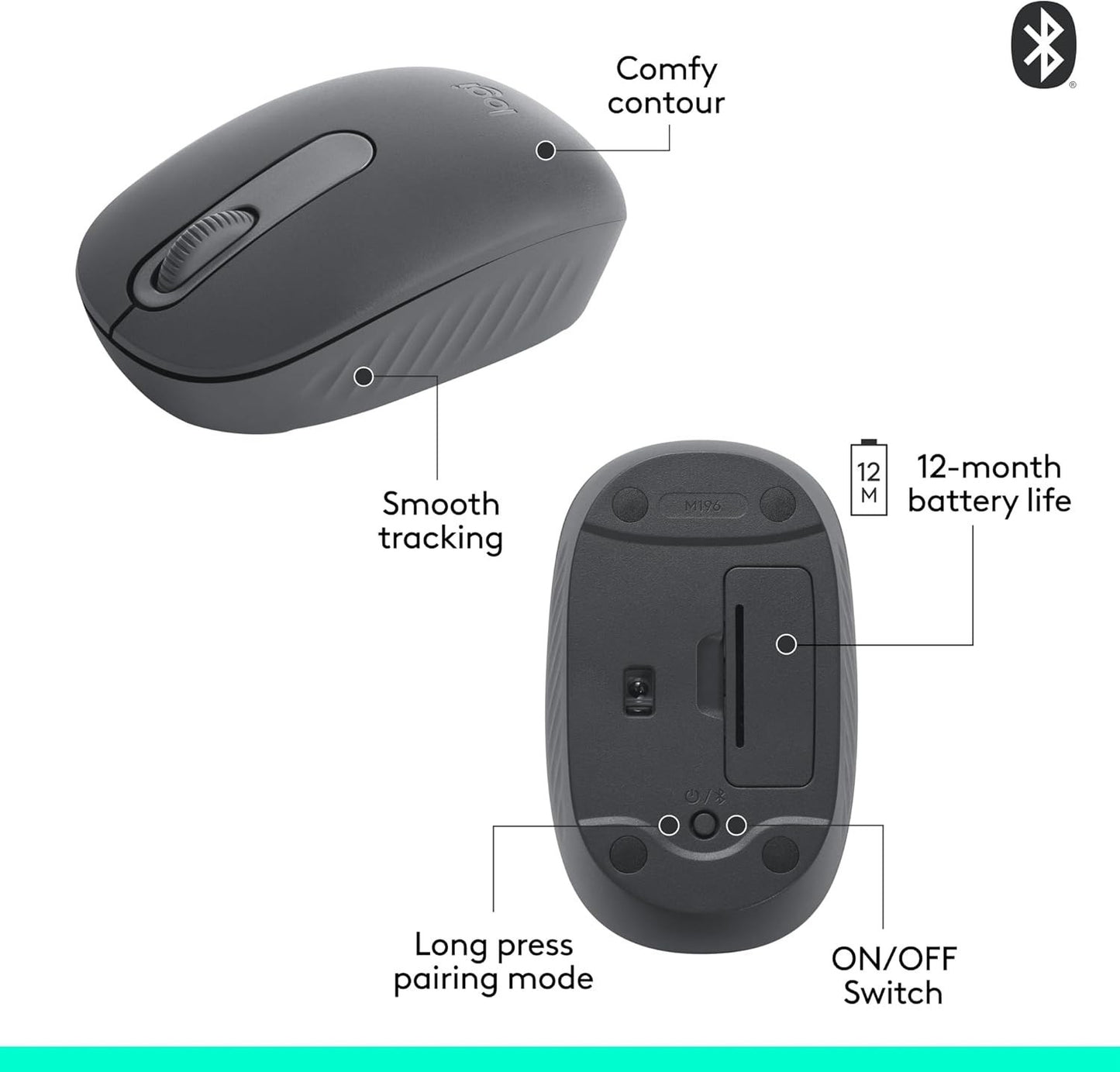 Logitech M196 Mouse – Bluetooth, 12-Month Battery, Smooth Tracking, Graphite
