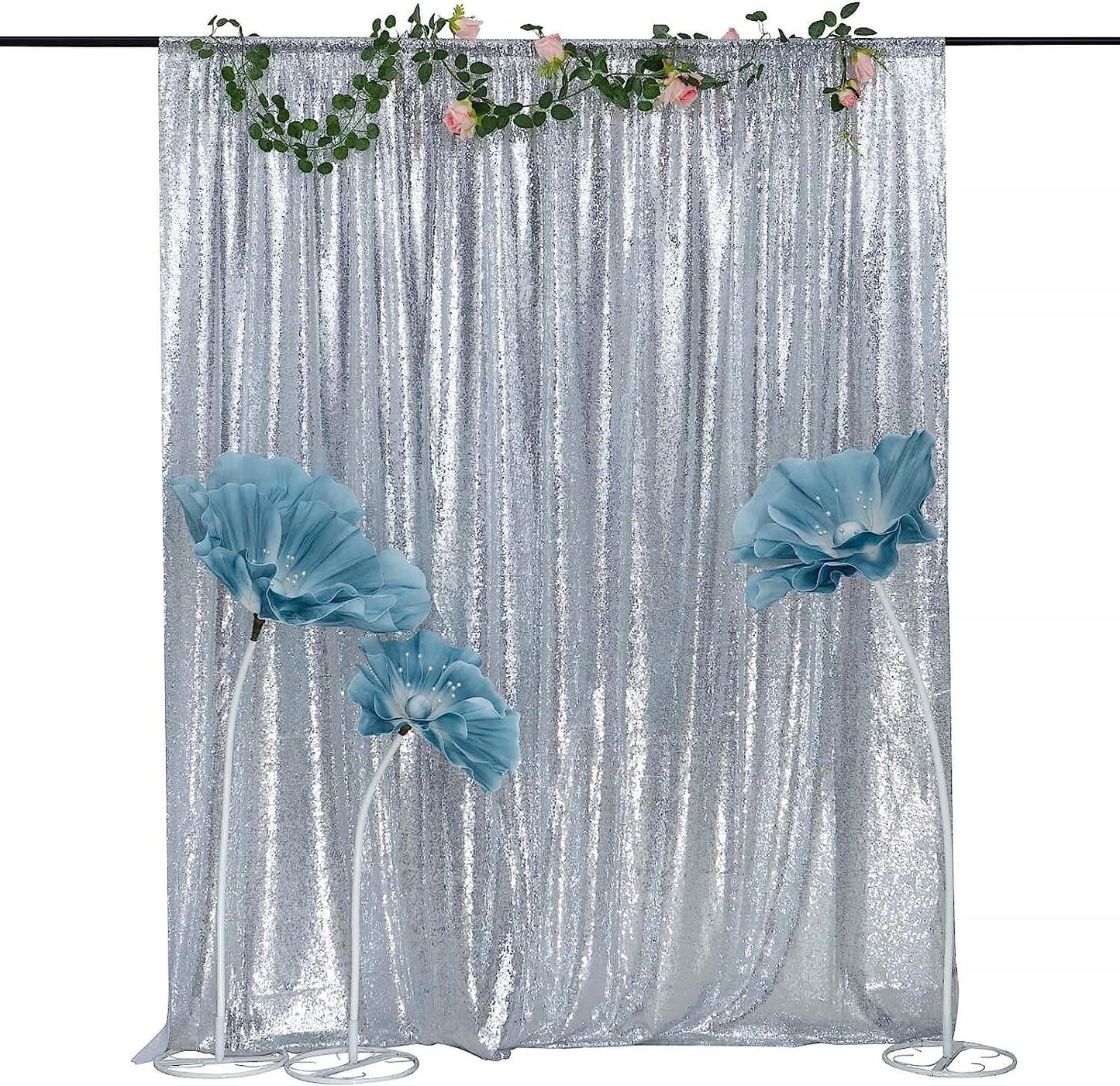 TCBESTO Silver Sequin Backdrop Curtain 8FTx8FT 1 Panel Sparkly Wedding Party Bac