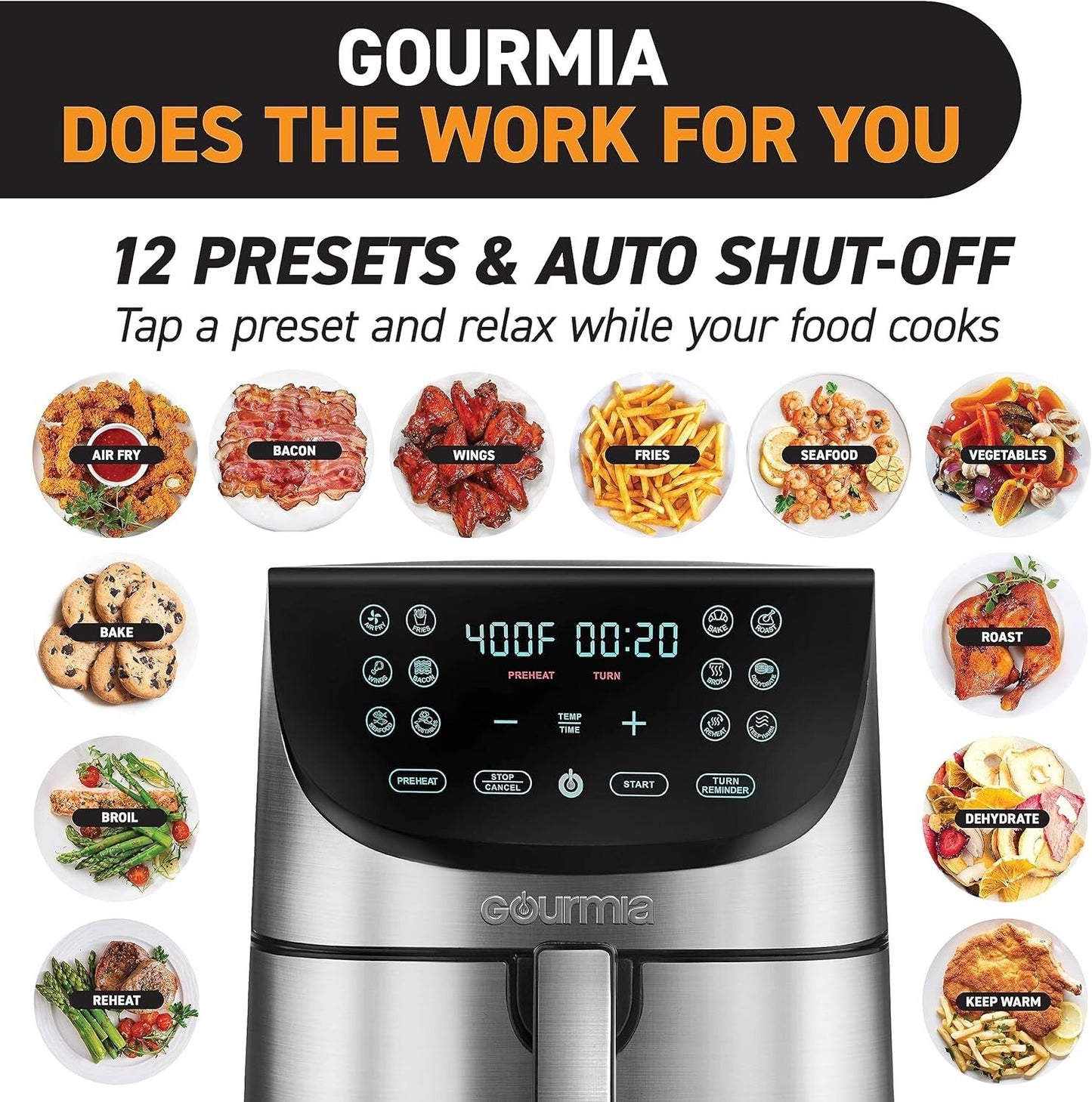 Gourmia Air Fryer Oven Digital Display 8 Quart Large AirFryer Cooker 12 Presets