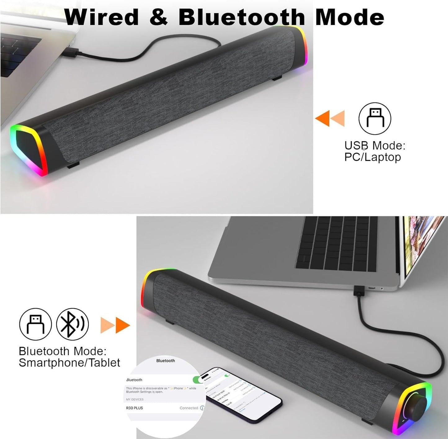 SOULION R30+ Bluetooth Computer Speakers USB Sound Bar w/ LED for PC/Laptop