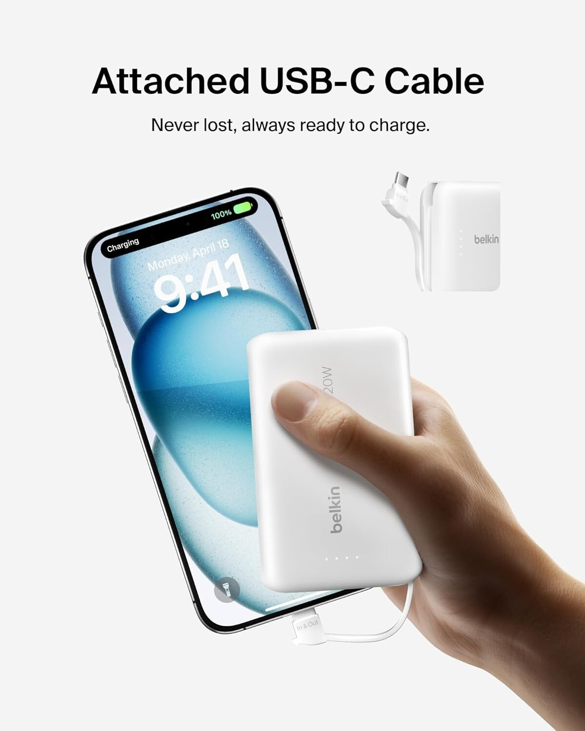 10K 20W Belkin Power Bank Portable Power Bank Integrated Cable PD