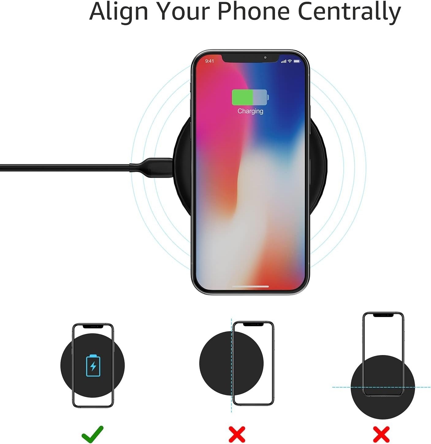 Amazon Basics Qi Wireless Charging Pad – 15W Fast Charger – iPhone/Samsung USB