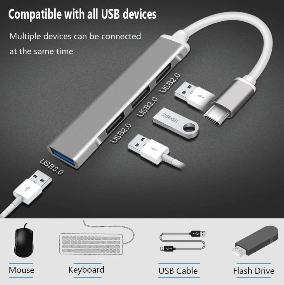 Type-C USB 3.0 Hub – 4-Port OTG Adapter Splitter – Mini USB-C Expander – Grey