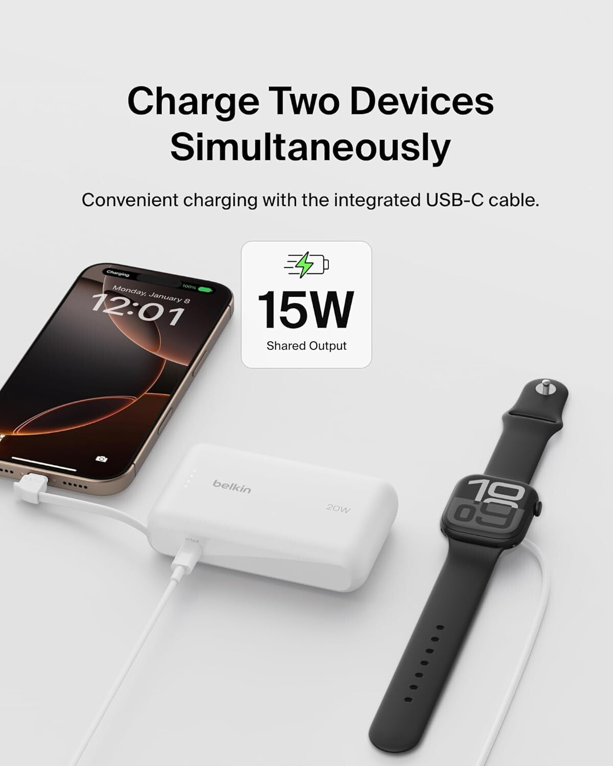 10K 20W Belkin Power Bank Portable Power Bank Integrated Cable PD