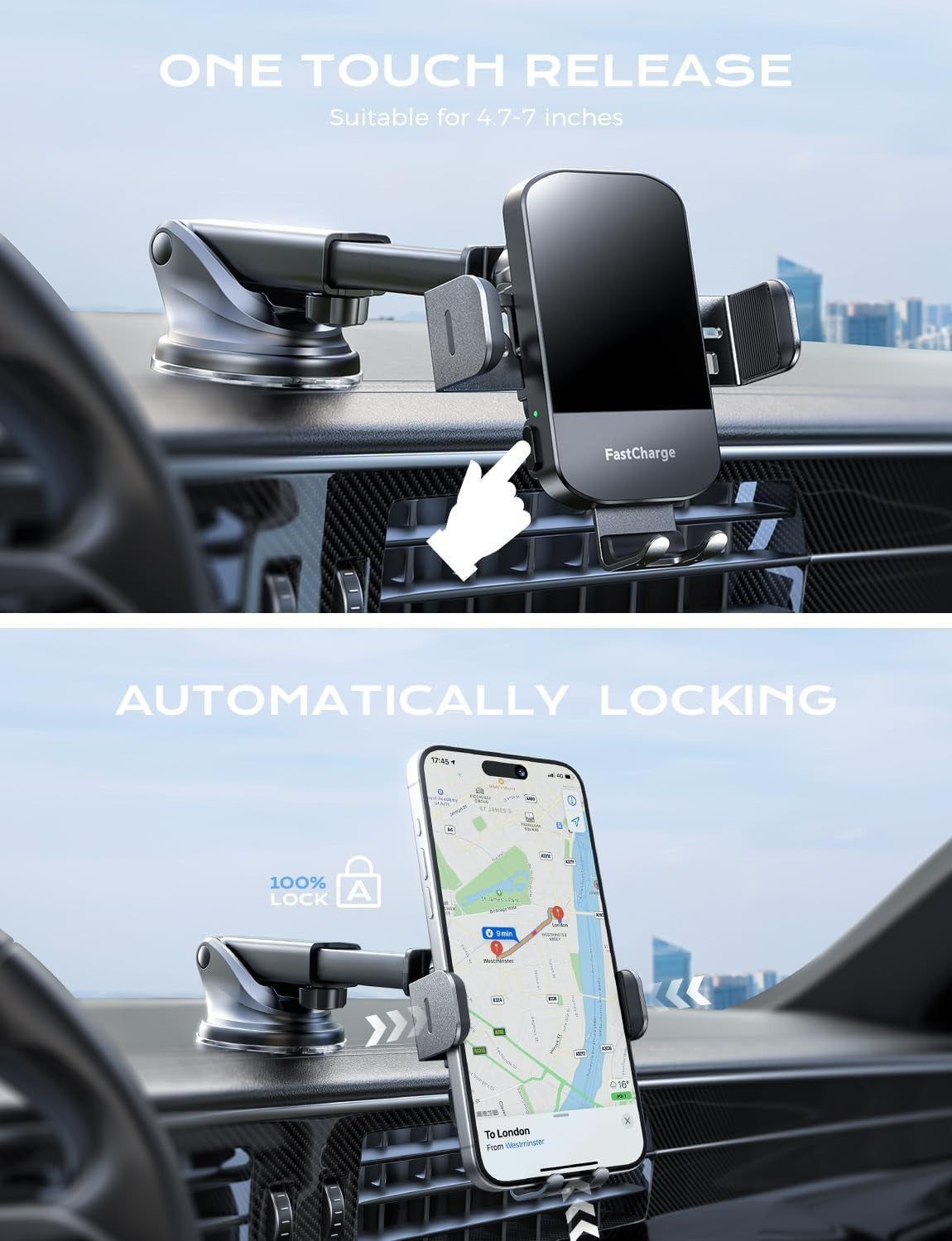 CHGeek 15W Fast Wireless Car Charger – Auto Clamp Holder – iPhone/Samsung Black