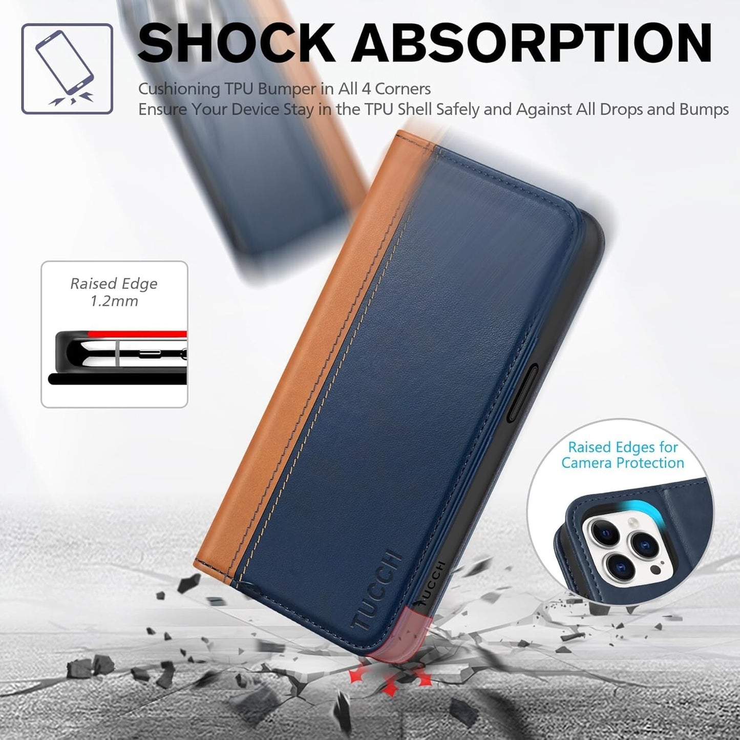 RFID Wallet iPhone 15 Blocking 3 Card Slots Protective Blue Brown