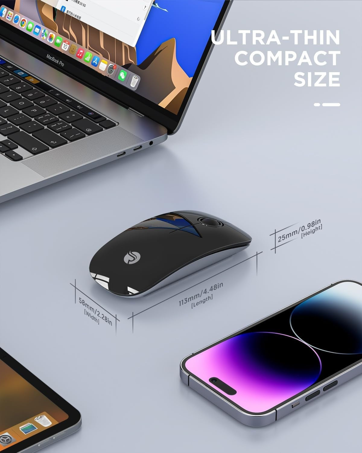 Bluetooth Wireless Mouse – Dual Mode (BT5.1 + USB) Quiet Click, 1600 DPI – Black
