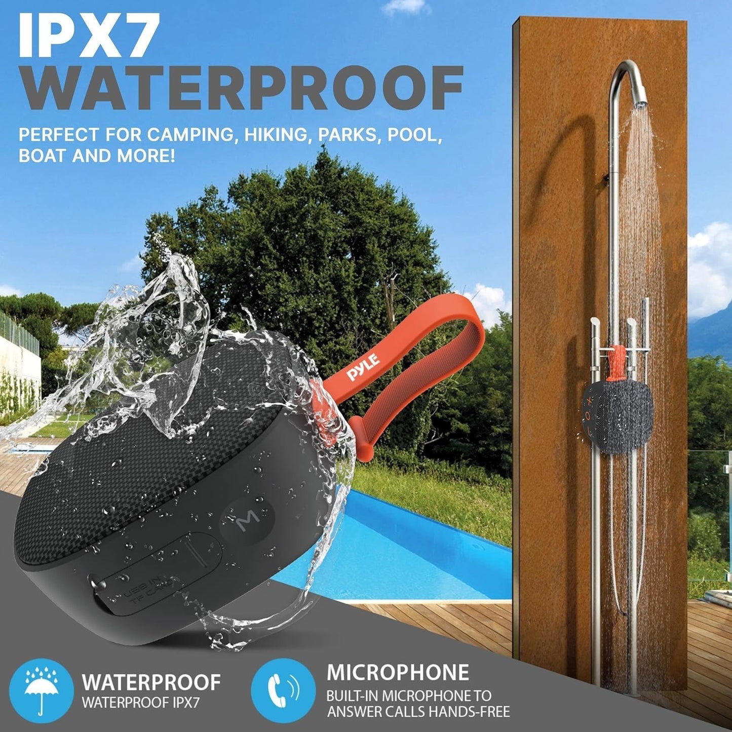 Pyle Portable Bluetooth Speaker IPX7 Waterproof TF Card FM Radio Bass