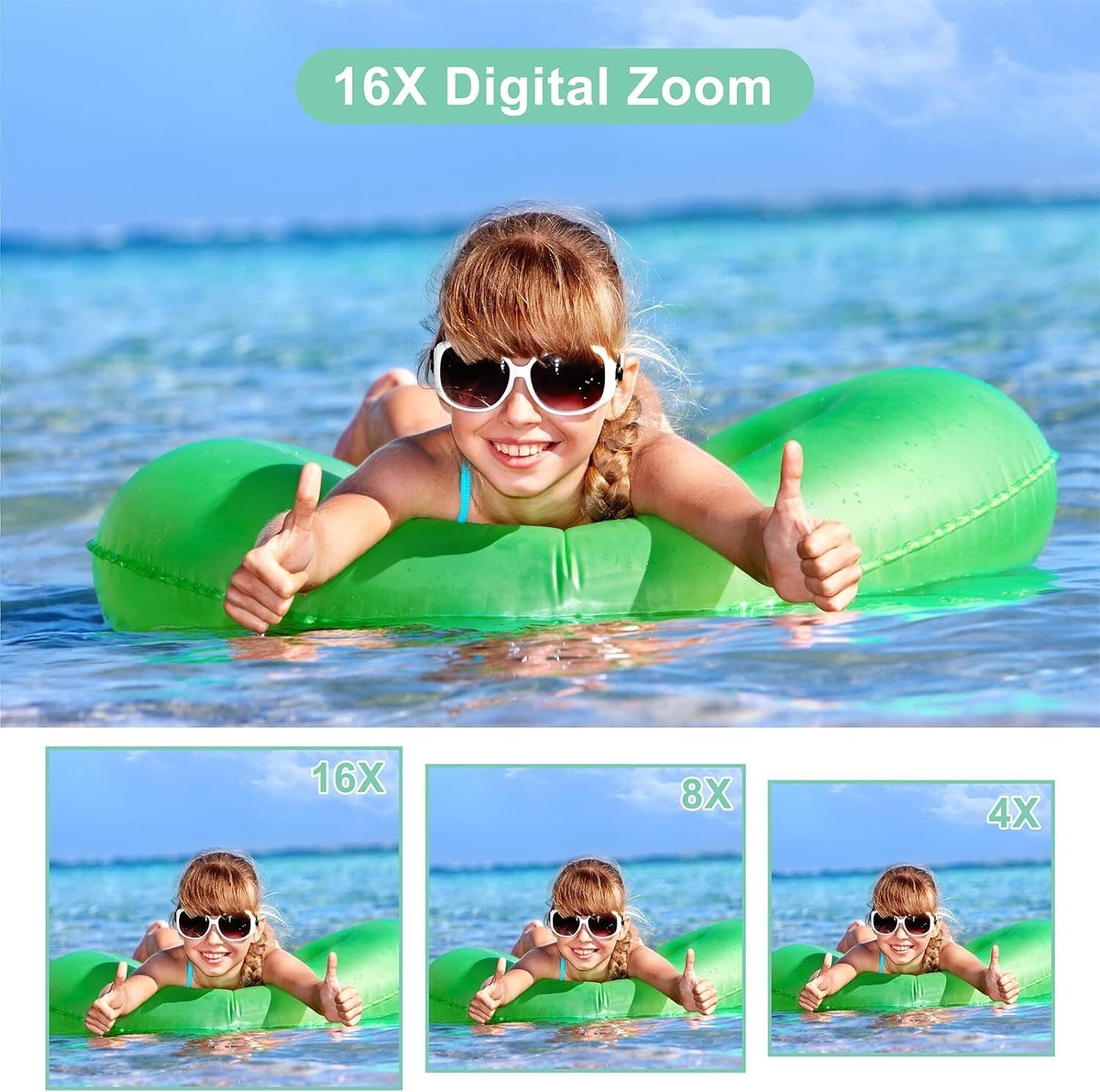 FHD 1080P Kids Compact Digital Camera 16x Zoom w SD Card Mint Green