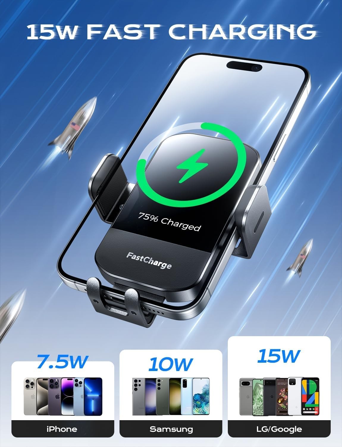 CHGeek 15W Fast Wireless Car Charger – Auto Clamp Holder – iPhone/Samsung Black