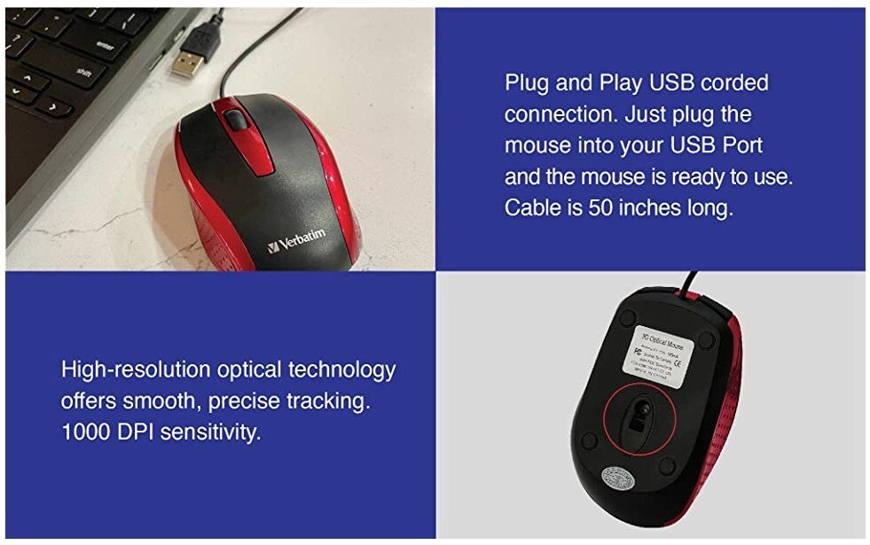USB USB Wired Computer Mouse Verbatim Corded Mouse Laptops PCs
