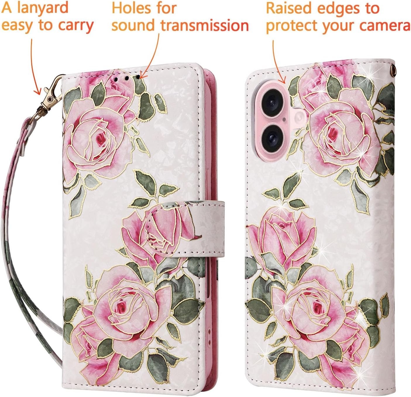 iPhone 16 Wallet Case by UEEBAI – White Rose, Card Slots, Flip Cover, Magnetic