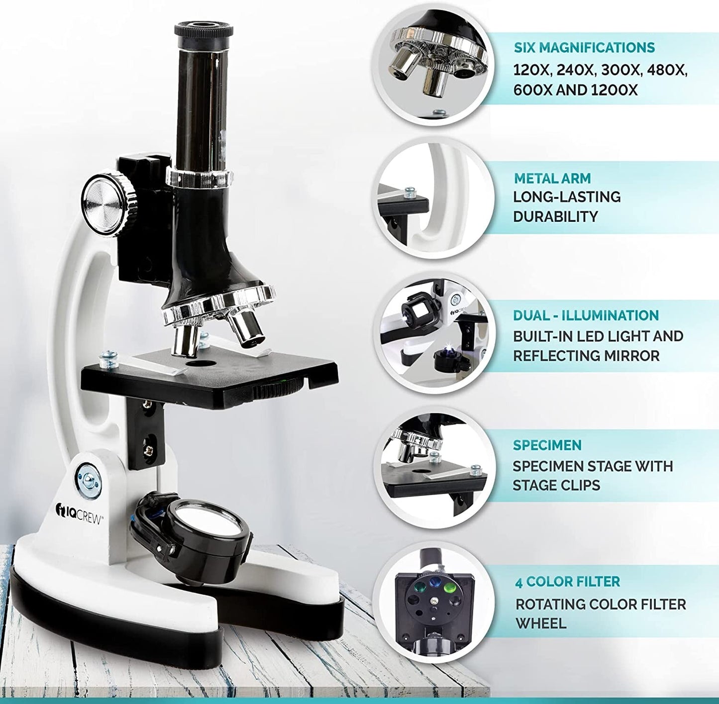 AmScope pcs Kids Beginner Microscope Kit w Metal Body Microscope 120X-1200X 52-